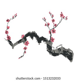 vector branch with pink flowers on a white background