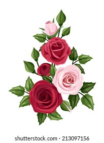 Vector branch with red and pink roses, rose buds and leaves isolated on a white background.