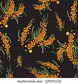 Vector Branch of Sea-Buckthorn Pattern. Orange Berries Background. 