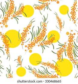 Vector branch of sea-buckthorn pattern. Orange berries seamless background. 
