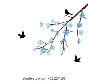 vector branch with snowflakes and birds