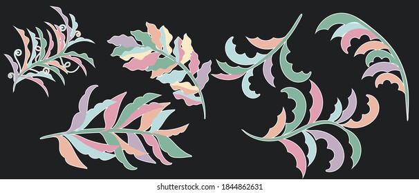 ramas vectoriales para el diseño en colores de moda. ideal para un diseño moderno e inusual de cosméticos y productos ecológicos. elementos de colores pastel.