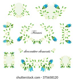 Vector branches, leaves, flowers, berries, fruits. Blue handbells. A set of a framework and decorative elements for design.