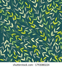Vektorzweige mit Blättern im Wind. Dunkelgrüner Hintergrund. Perfekt für die Verpackung von Papier, Tapete, Textil-Design, Schreibwaren. Nahtloses Muster