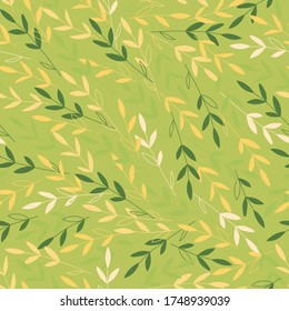 Vector branches with leaves in the wind. Light green, yellow and white, perfect for wrapping paper, wallpaper, textile design, stationery. Seamless pattern