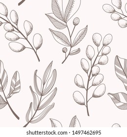 Vector branches seamless pattern. Hand drawn branches elements. Plants illustration. Perfect for template, greeting cards, graphic, invitations,  poster, stickers ets