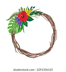 Vector branches, tropical flowers and leaves wreath in circle frame composition. Wedding design element.