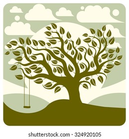 Vector branchy tree with swing on beautiful cloudy spring landscape.  Idyllic and peaceful scene, insight vector image.