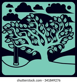 Vector branchy tree with swing on beautiful cloudy spring landscape.  Idyllic and peaceful scene, insight vector image.