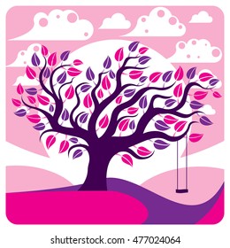 Vector branchy tree with swing on beautiful cloudy spring landscape.  Idyllic and peaceful scene, insight vector image, purple.