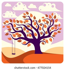 Vector branchy tree with swing on beautiful cloudy autumn landscape.  Idyllic and peaceful scene, insight vector image.