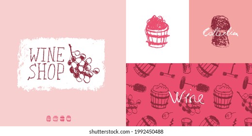 Colección de identidad de marca vectorial para bodega, logo de tienda de vinos, diseño de afiches vitícolas, biodinámica de marca de moda y vinos orgánicos. Ilustraciones dibujadas a mano para el invierno. Pancarta de degustación de vinos de plantilla.