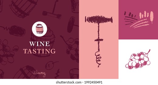 Vector brand identity collection for winery, wine shop logo, viticulture poster design, trendy label biodynamic and organic wines. Winemaking hand-drawn illustrations. Template wine tasting banner.