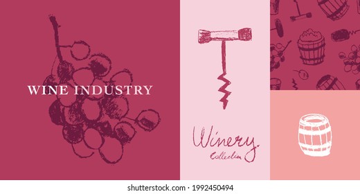 Vector brand identity collection for winery, wine shop logo, viticulture poster design, trendy label biodynamic and organic wines. Winemaking hand-drawn illustrations. Template wine tasting banner.