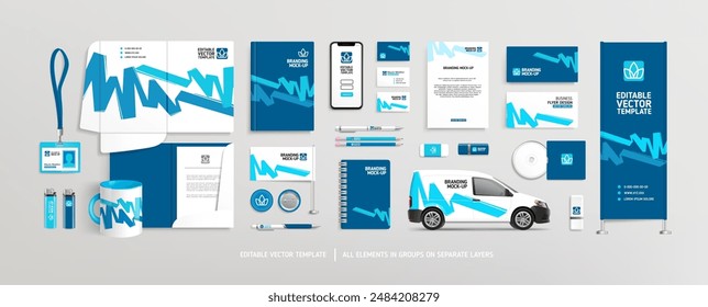 Vector Brand Identity concept of editable stationery Mock-Up set with green abstract graphics (set 5). Corporate style on stationery mockup template of File folder, annual report, van car, AD banner