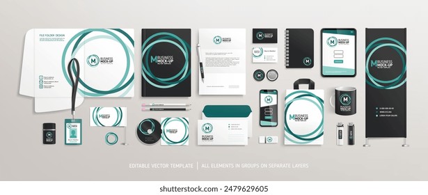 Vector Brand Identity concept of stationery Mock-Up set with green abstract graphics (set 4). Corporate style layout on stationery mockup template of File folder, annual report, van car, AD banner