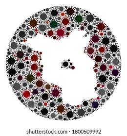 Collage del mapa del Vector Brandenburg Land de coronavirus. La infección ataca el territorio de bloqueo desde la zona externa. Collage del mapa de la Tierra de Brandenburgo en torno al hoyo diseñado con elementos de infección.