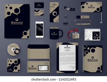 Vector branding identity stationery Mockup set with grey and blue hexagon design and logo. Business templates set includes folder, catalogue cover, CD, notebook, brochure, envelope, corporate letter