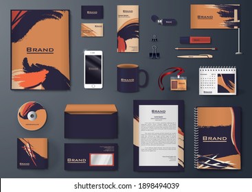 Vector branding identity stationery Mockup set with warm trendy colors and abstract design. Business templates set includes folder, catalogue cover, CD, notebook, brochure, envelope, corporate letter