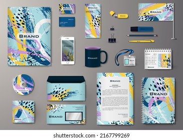 Vector branding identity stationery Mockup set with summer trendy colors and abstract design. Business templates set includes folder catalogue cover, CD, notebook, brochure, envelope, corporate letter