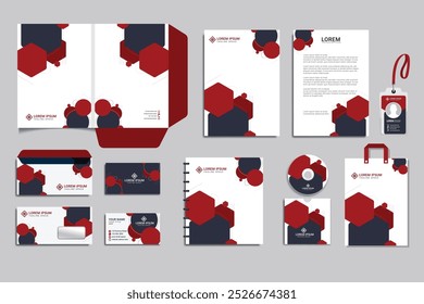 Vector branding identity stationery Mockup set with warm trendy colors and abstract design. Business templates set includes folder, catalogue cover, CD, notebook, brochure, envelope, corporate letter
