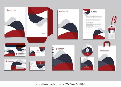 Vector branding identity stationery Mockup set with warm trendy colors and abstract design. Business templates set includes folder, catalogue cover, CD, notebook, brochure, envelope, corporate letter
