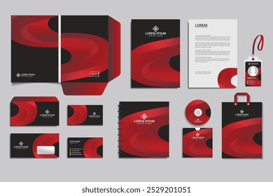 Vector branding identity stationery Mockup set with warm trendy colors and abstract design. Business templates set includes folder, catalogue cover, CD, notebook, brochure, envelope, corporate letter