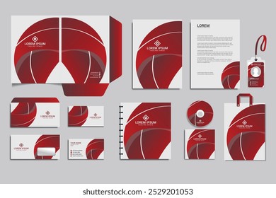 Vector branding identity stationery Mockup set with warm trendy colors and abstract design. Business templates set includes folder, catalogue cover, CD, notebook, brochure, envelope, corporate letter