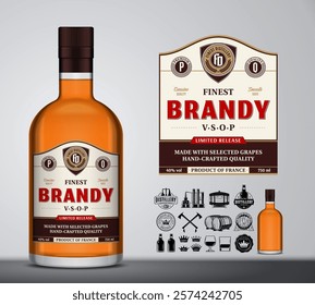 Vector brandy label template. Brandy glass bottle mockup. Distilling industry branding and identity design elements