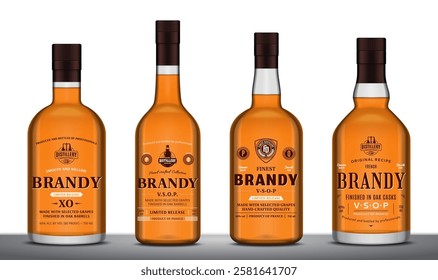 Vector brandy labels and brandy or cognac glass bottle mockups