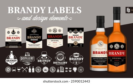 Vector brandy labels. Brandy glass bottle mockups with labels