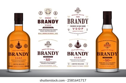 Vector brandy minimalistic labels and brandy or cognac glass bottle mockups