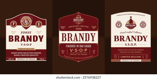 Vector brandy vintage labels and packaging design templates. Distilling industry branding and identity design elements