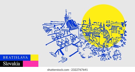 Vector Bratislava skyline drawing postcard. Slovakia, Europe. Belfry, roofs, trees, sky. Artistic Slovak travel sketch in bright vibrant colors. Modern hand drawn touristic poster, book illustration