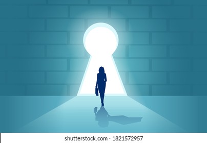 Vector of a brave businesswoman entering a door in a shape of a keyhole 