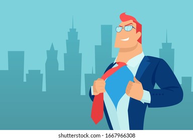 Vector of a brave strong businessman on a cityscape background 