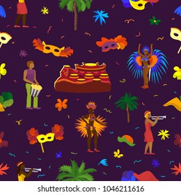 Vector brazil carnival rio festival celebration brazilian girls dancers samba party carnaval traditional costume south holiday dancer illustration banner seamless pattern background