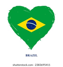 Vector Brazil flag in heart shape with grunge texture. Brazilian flag heart-shaped isolated on white background. Beautiful design country flag of Brazil for banner, poster, sticker, print. Vector