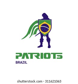 Vector Brazil Flag Patriots Soldier Logo. Mascot Character Design. Memorial Day Army man with Shield. Vector Freedom Leader Logo illustration
