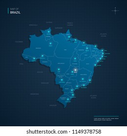 Vector Brazil map illustration with blue neon lightpoints - triangle on dark blue gradient background. Administrative divisions, cities, borders, capital. Neon tech background with glow. 