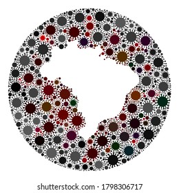 Vector Brazil map mosaic of covid-2019 virus. Infection attacks the isolated territory from outside. Hole circle Brazil map collage composed with infection elements.