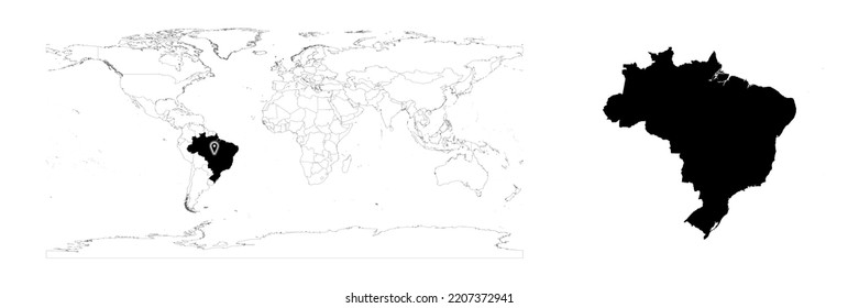 Mapa vectorial de Brasil que muestra la ubicación del país en el mapa del mundo y mapa sólido para Brasil sobre fondo blanco. El archivo es adecuado para la edición digital y las impresiones de todos los tamaños.