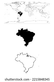 Vector Brazil map, map of Brazil showing country location on world with solid and outline maps for Brazil on white background. File is suitable for digital editing and prints of all sizes.