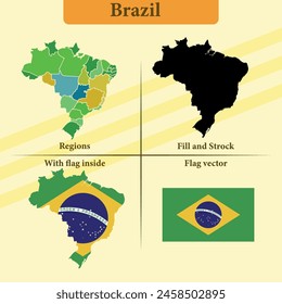 Vector Brazil map vector states and lines and full with vector flag and flag map