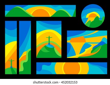 Vector Vector Brazil Summer 2016 Games Rio de Janeiro colorful backgrounds set. Abstract colorful line, round background in brazilian flag colors. Summer Brazil 2016 Games Rio de Janeiro sport event