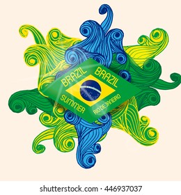 Vector Brazil Summer 2016 Sport Games Rio de Janeiro brazilian flag colors background with Typographic  Abstract  Waves and Sun Flare