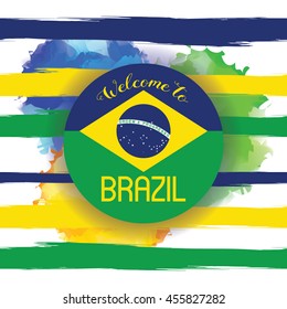 Vector Brazil Summer 2016 Sport Games Rio de Janeiro brazilian flag colors background with Typographic  Abstract  Waves and Sun Flare