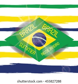 Vector Brazil Summer 2016 Sport Games Rio de Janeiro brazilian flag colors background with Typographic  Abstract  Waves and Sun Flare