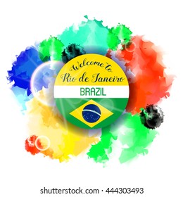 Vector Brazil World Cup Summer 2016 Sport Games Rio de Janeiro brazilian flag colors background with Typographic  Abstract  Splashes and Sun Flare