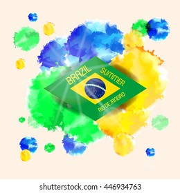 Vector Brazil World Cup Summer 2016 Sport Games Rio de Janeiro brazilian flag colors background with Typographic  Abstract  Splashes and Sun Flare
